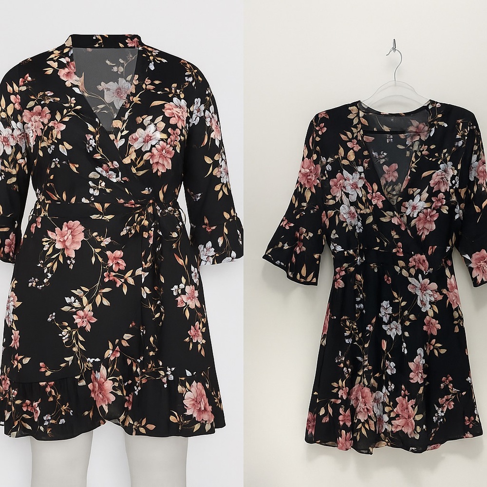 Plus Floral Satin Ruffle Wrap Dress